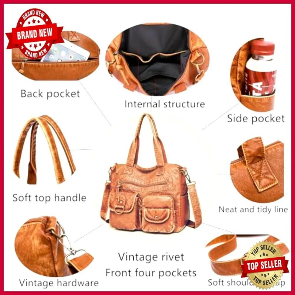Medium Vegan Leather Satchel Hobo Bag with Adjustable Strap, 11 Pockets